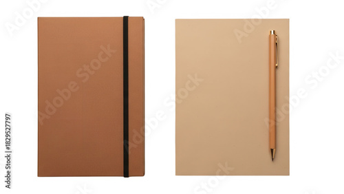 Closed and open brown kraft paper notebook with pen isolated on transparent background