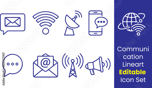 Communication line icons, globe, chat bubble, message box, wifi, satellite dish, phone, email, signal tower, megaphone, thin outline