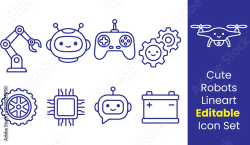 Cute robotics toy line icons, robot head, small drone, remote control, gear toy, robot arm, robot wheel, microchip, speech bubble bot, battery pack, thin outline, white background