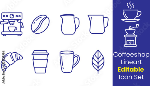 Coffee shop line icons, coffee cup, espresso machine, coffee bean, milk jug, grinder, croissant, takeaway cup, mug, coffee leaf, thin outline, white background