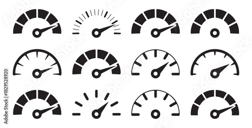 Set of twelve black and white speedometers or gauge icons white