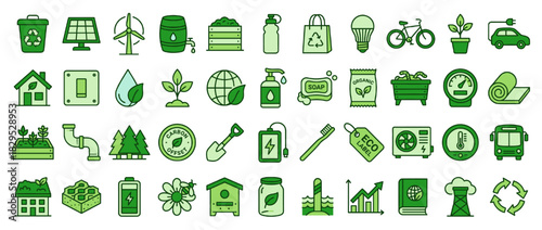Sustainability and environment solid icon set. featuring recycling, renewable energy, eco-friendly, bicycle, and more. Vector collection