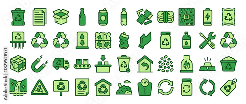 Recycling and waste management solid icon set. containing recycle, bin, bottle, paper, battery, compost, glass, and more. Vector collection