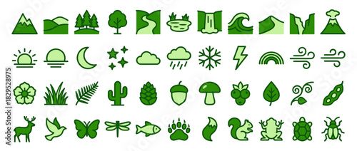 Nature and outdoor solid icon set. containing mountain, hill, tree, river, waterfall, wave, forest, volcano, desert, animal, and more. Vector collection