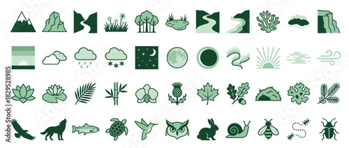 Nature elements solid icon set. containing mountain, tree, river, cloud, moon, plant, leaf, animal, bird, insect, flower and more. Vector collection