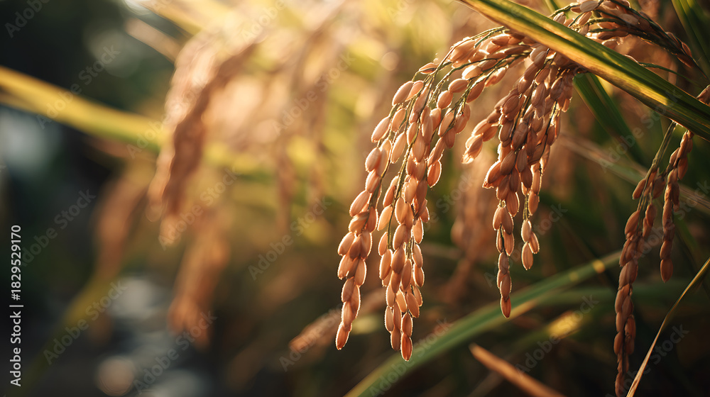 Fototapeta premium Golden Rice Grains Bathed in Warm Sunlight