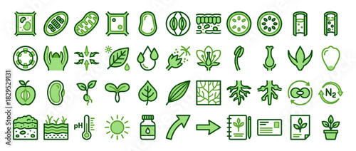 Biology and nature solid icon set. containing plant, leaf, dna, cell, seed, roots, photosynthesis, ecology, and more. Vector collection