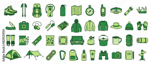 Outdoor adventure solid icon set. containing hiking boots, backpack, map, compass, tent, campfire, flashlight, gps, binoculars Vector collection
