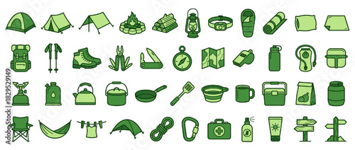 Camping and outdoor activity solid icon set. includes tent, campfire, compass, backpack, lantern, sleeping bag, boots, map, and more. Vector collection