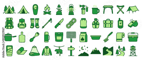 Camping and outdoor solid icon set. includes tent, campfire, backpack, lantern, boots, compass, mountain, map, and more. Vector collection