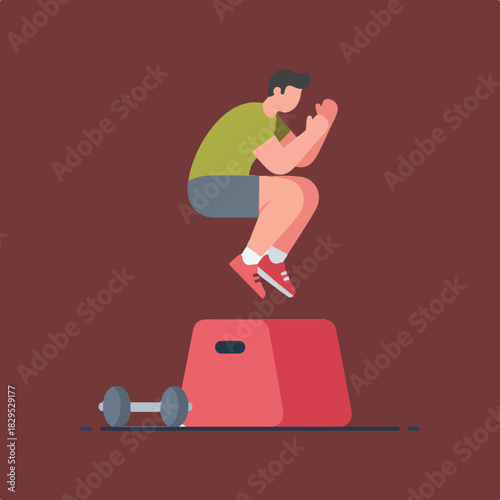 A man in sportswear is mid-air jumping onto a red block, with a dumbbell next to the block, all set against a solid brown background.