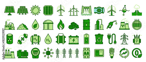 Renewable energy and sustainability solid icon set. containing solar, wind, hydro, biofuel, hydrogen, recycling, power plant and more. Vector collection