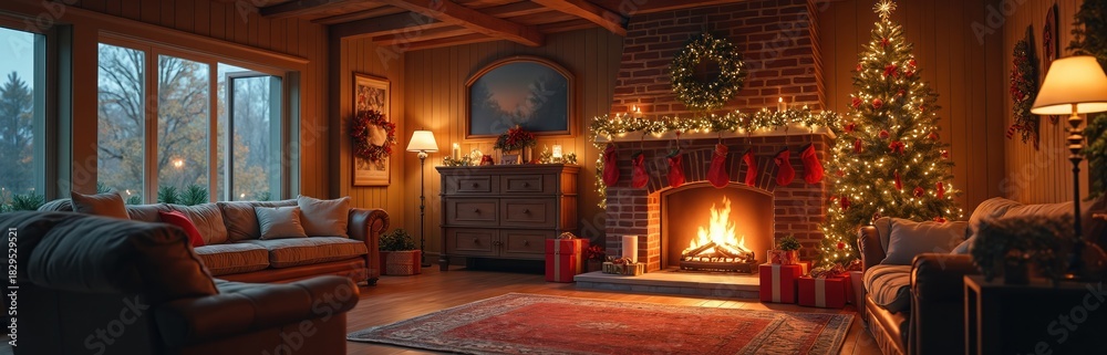 Naklejka premium Cozy living room with fireplace lit and christmas tree glowing. Snow falls outside window. Home interior decorated for winter holiday celebration. Warm, festive atmosphere.
