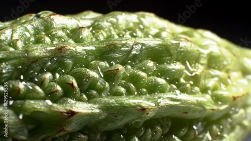 Close up of a fresh, ripe green bitter melon with water droplets
