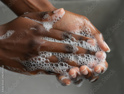 A close-up of a person washing his hands with abundant soapy lather.