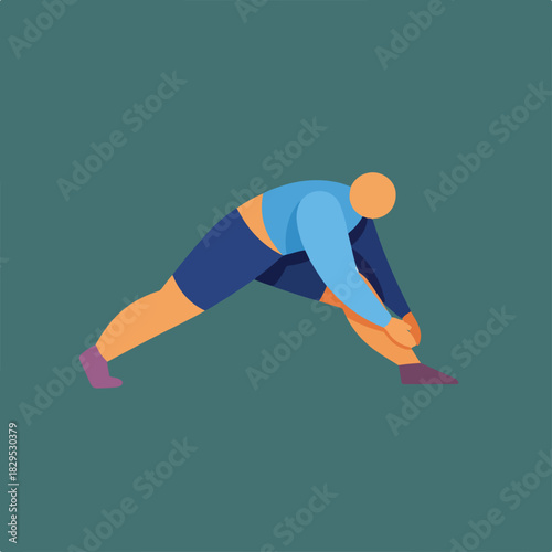 An illustration shows a person in a blue shirt and dark blue shorts stretching their legs, set against a teal background.