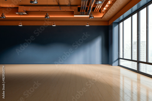 Fototapeta Naklejka Na Ścianę i Meble -  Empty modern loft room interior with large windows, clean wood flooring, and dark accent wall in bright building environment background space. 3D Rendering