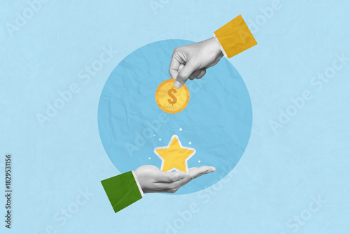 Creative collage art of a man's hand holding coins exchanging with a hand holding a star. Money buys a rank or position. Buy credibility