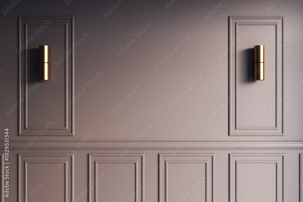 Obraz premium Blank modern wall with decorative panels and golden sconces in elegant interior room, perfect for mockup or copyspace display concept. 3D Rendering