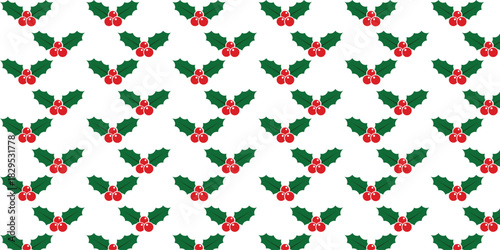 Seamless festive pattern with simple green holly leaves and bright red berries on a clean white background, ideal for Christmas wrapping paper, textiles, gift packaging, greeting cards and seasonal de