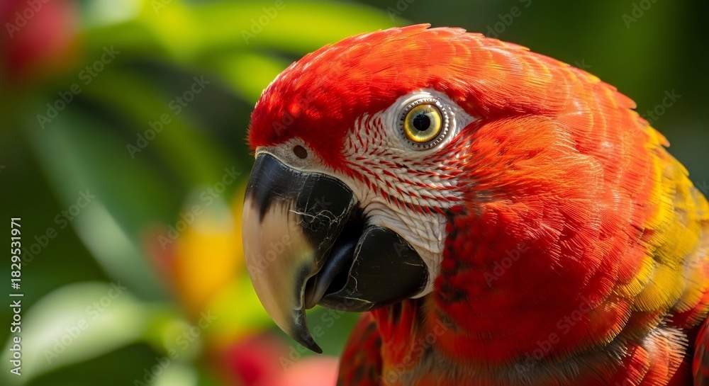 Obraz premium Closeup of a red macaw parrots head with a blurred green foliage background