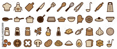 Cooking and kitchen solid icon set. containing chef, cutting board, pots, pans, utensils, cheese grater, and more. Vector collection