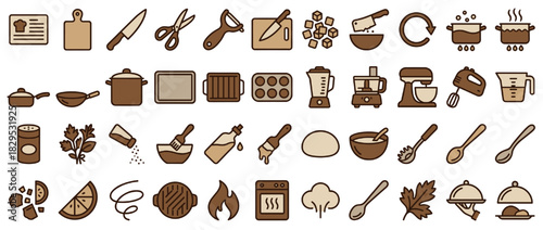 Kitchen tools and utensils solid icon set. featuring knife, cutting board, scissors, mixer, pot, pan, and more. Vector collection
