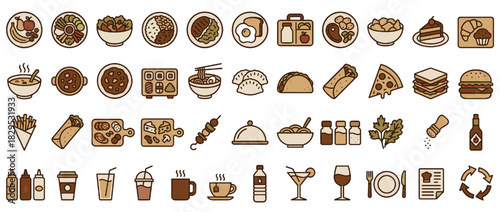 Food and drink solid icon set. containing pizza, sushi, coffee, desserts, cocktails, steak, salad, spices, and more. Vector collection