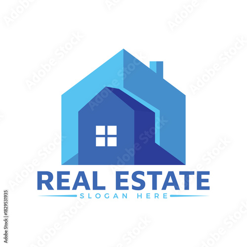 Blue modern real estate logo design with house icon and text for property business isolated on white background