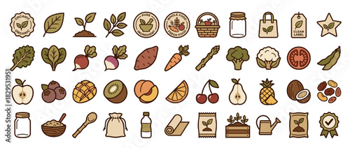 Organic and natural solid icon set. containing leaf, plant, badge, basket, jar, fruit, vegetable, label, star and more. Vector collection