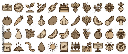 Organic farming and food solid icon set. containing plant, vegetable, fruit, seed, label, eco, leaf, sun, flower, farm Vector collection