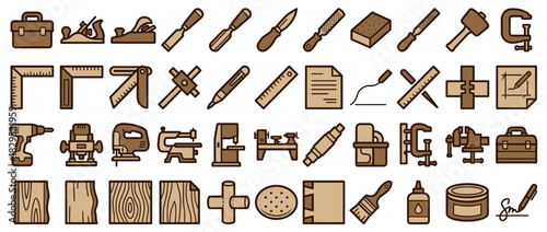 Carpentry and woodworking solid icon set. containing saw, hammer, screwdriver, drill, clamp, chisel, plane, sander, router, and more. Vector collection