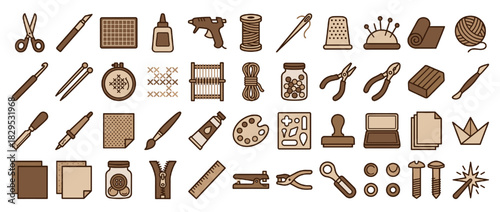 Crafting and sewing solid icon set. containing scissors, glue, thread, thimble, yarn, needle, paint and more. Vector collection