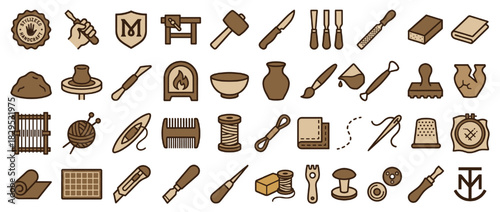 Crafting tools solid icon set. containing pottery, knitting, sewing, painting, woodworking, and more. Vector collection