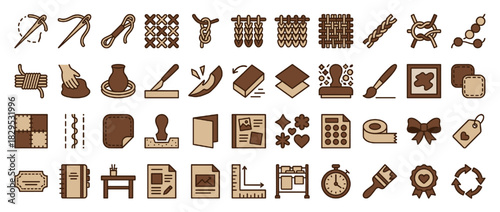 Craft and diy solid icon set. containing sewing, knitting, pottery, engraving, painting, knitting, crafting and more. Vector collection