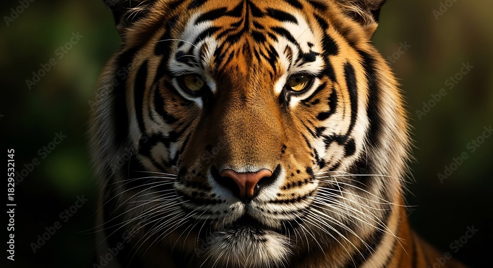 Obraz premium Closeup of a tigers face with piercing eyes and striking stripes