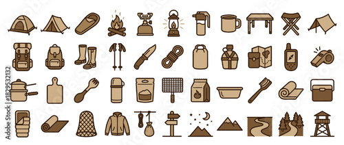 Outdoor camping solid icon set. containing tent, campfire, backpack, lantern, hiking boots, compass, map, knife, and more. Vector collection