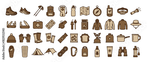 Camping and outdoor activities solid icon set. containing boots, map, compass, flashlight, tent, backpack, and more. Vector collection