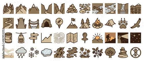Nature and outdoor solid icon set. containing mountains, trees, rivers, compass, campfire, wildlife, map, hiking, stars and more. Vector collection