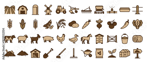 Farming and agriculture solid icon set. containing barn, tractor, silo, crops, livestock, tools, greenhouse and more. Vector collection