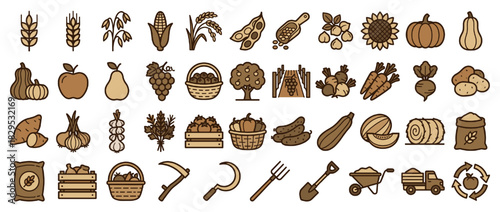 Agriculture and farming solid icon set. containing wheat, corn, grape, tree, carrot, apple, potato, pumpkin, beet and more. Vector collection