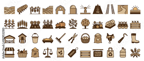 Agriculture and farming solid icon set. containing barn, crops, tractor, greenhouse, harvest, and more. Vector collection