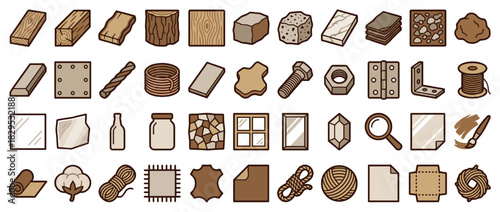 Material and texture solid icon set. containing wood, stone, metal, glass, fabric, leather, brick, yarn and more. Vector collection