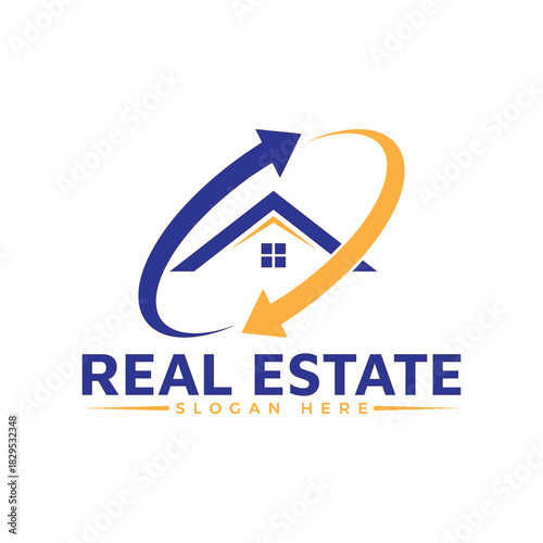 Modern real estate logo design featuring a house silhouette encircled by two dynamic, contrasting color arrows symbolizing transaction or cycle, isolated on white background
