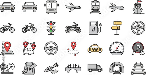 Collection of Transportation and Travel Icons in Flat Design.