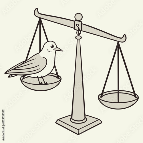 Balance between freedom and justice featuring a bird on a scale, symbol of equilibrium and harmony, concept of fairness and equality, peaceful avian.