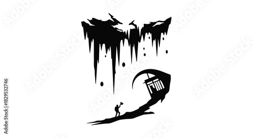 Lone explorer ventures into a dark, mysterious cave entrance with a backpack.