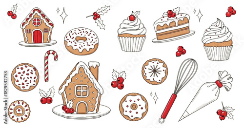 Decorative Gingerbread Cookies and Baking Tools Illustration for Festive Holiday Treats