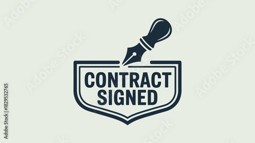 A graphic of a contract signed stamp with a pen above it on a light background in a simple style
