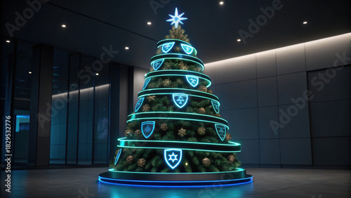Christmas tree decorated with cyber security shield symbols and glowing neon lights in modern office lobby